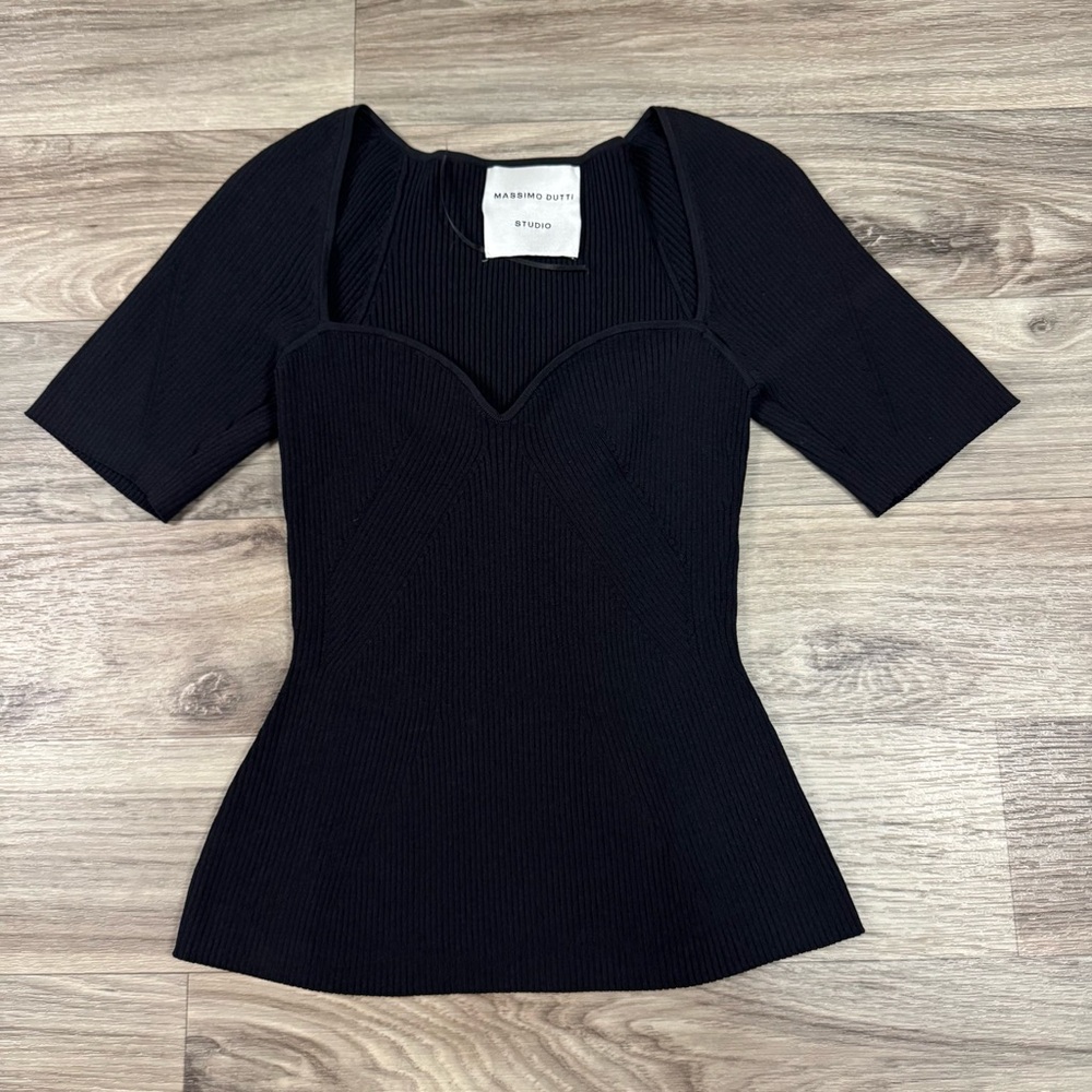 Massimo Dutti Studio Black Sweatheart Neckline Knit Bustier Blouse Size Medium